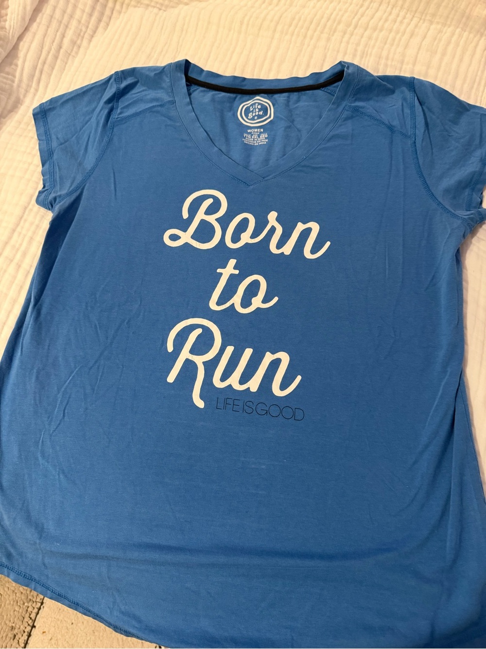 Life Is Good Blue V-Neck Tee with "Born to Run" Graphic